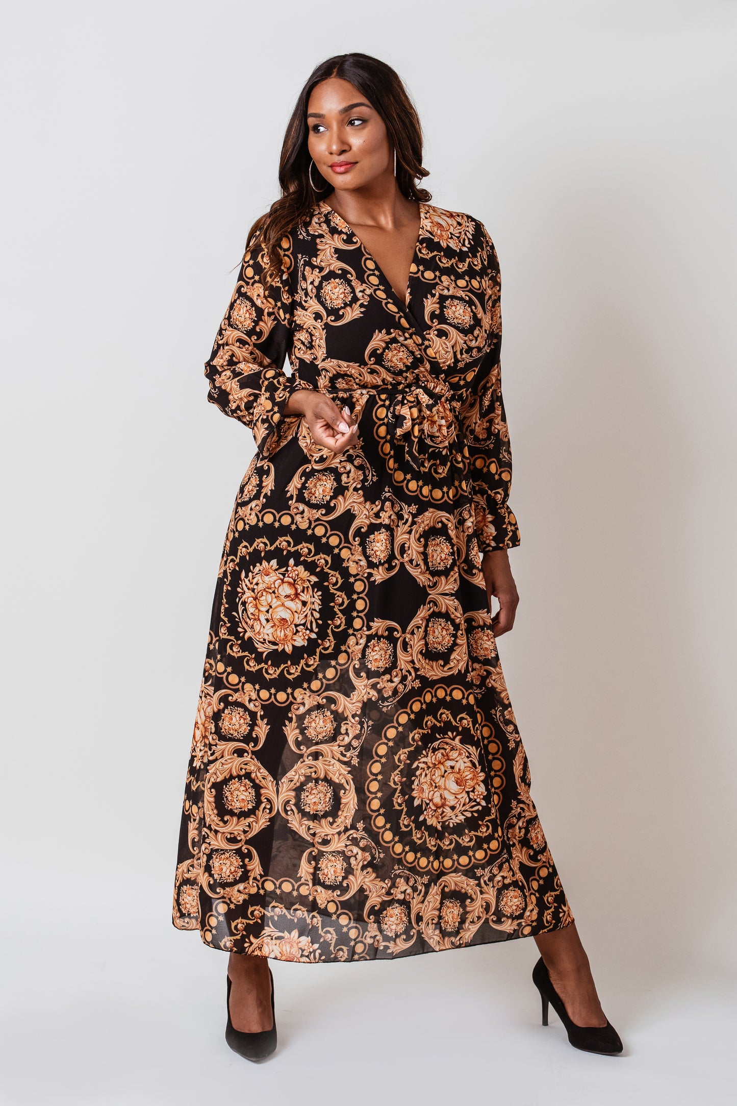 Olivia Plus Size Paisley Belted Maxi Dress- Black