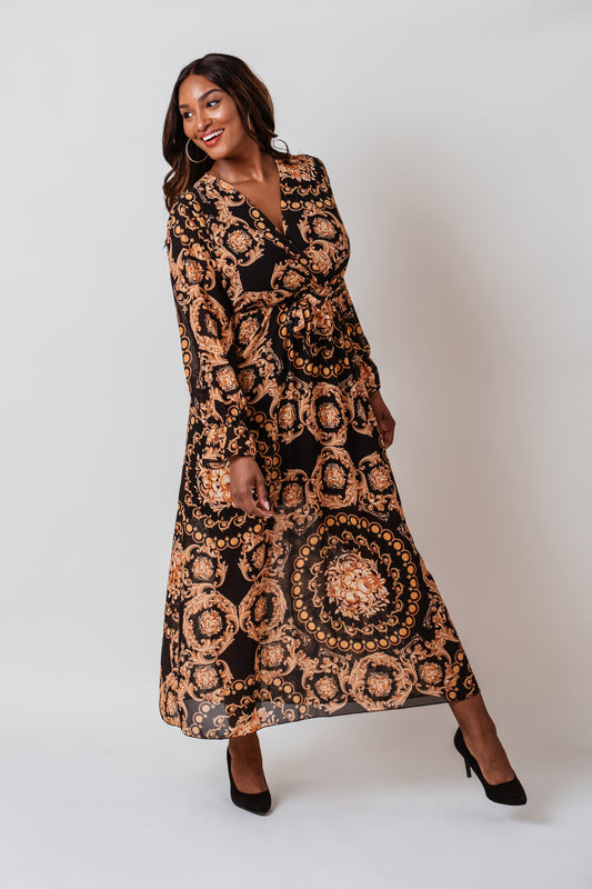 Olivia Plus Size Paisley Belted Maxi Dress- Black