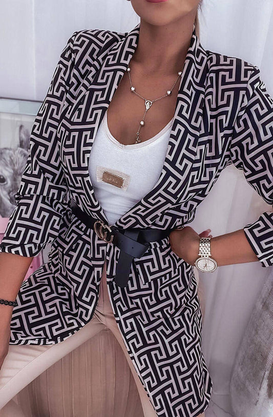 Stylish Graphic Print Belted Blazer Jacket