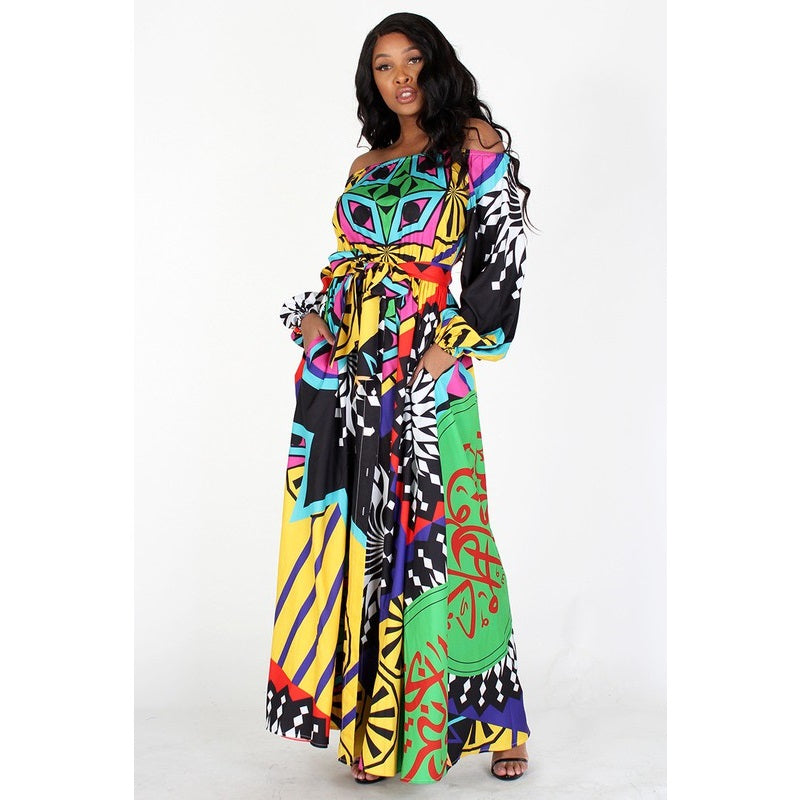 PLUS Yellow Multi-Colored Long Sleeve Off Shoulder Maxi Dress