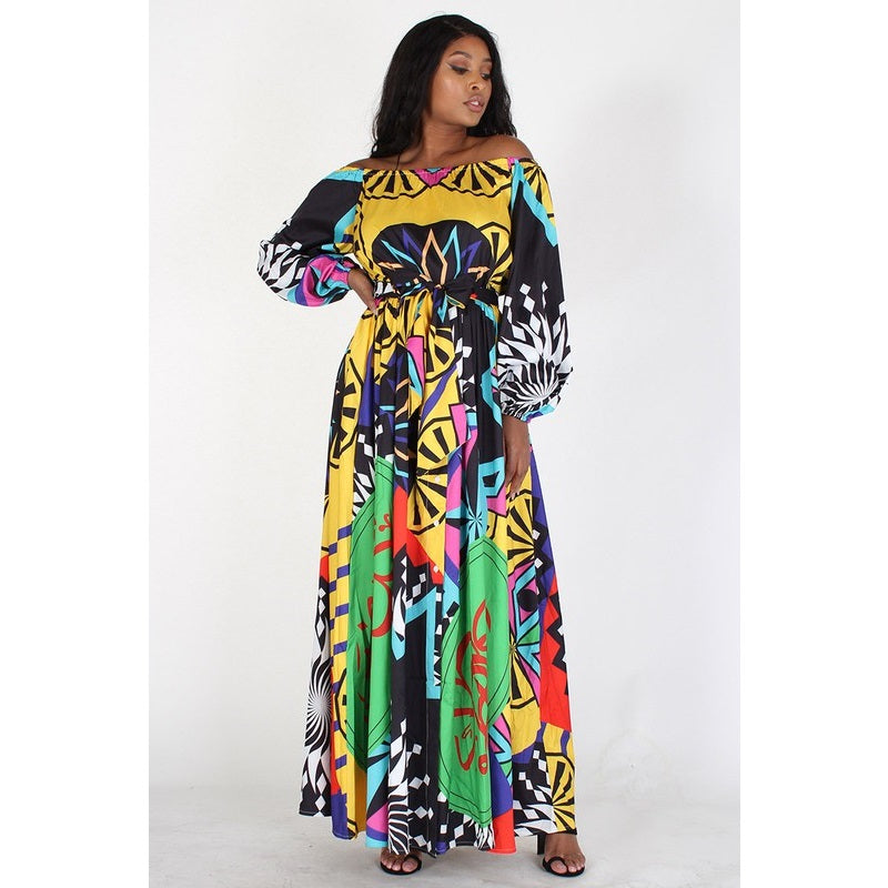 PLUS Yellow Multi-Colored Long Sleeve Off Shoulder Maxi Dress