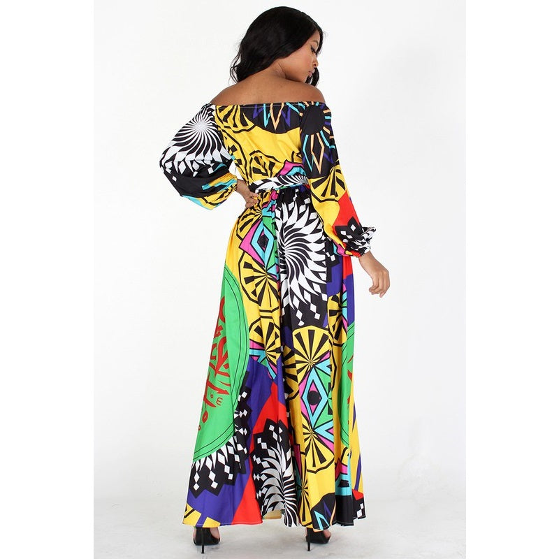 PLUS Yellow Multi-Colored Long Sleeve Off Shoulder Maxi Dress