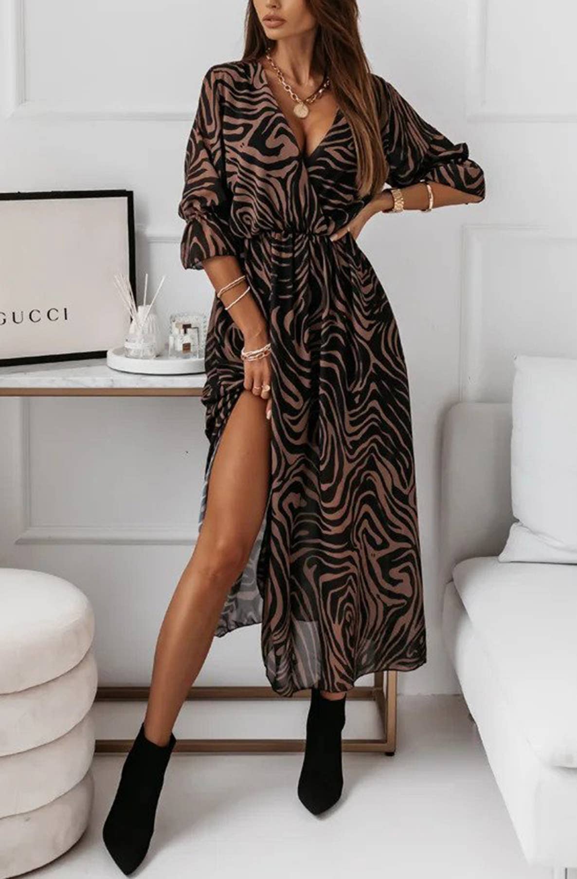 Mocha & Black Chiffon Wrap Maxi Dress