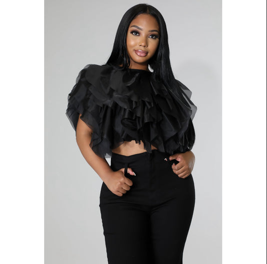 Ruffle Tulle Crop Top Blouse