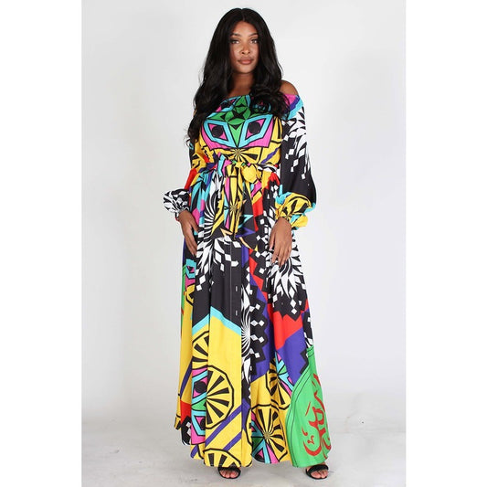 PLUS Yellow Multi-Colored Long Sleeve Off Shoulder Maxi Dress
